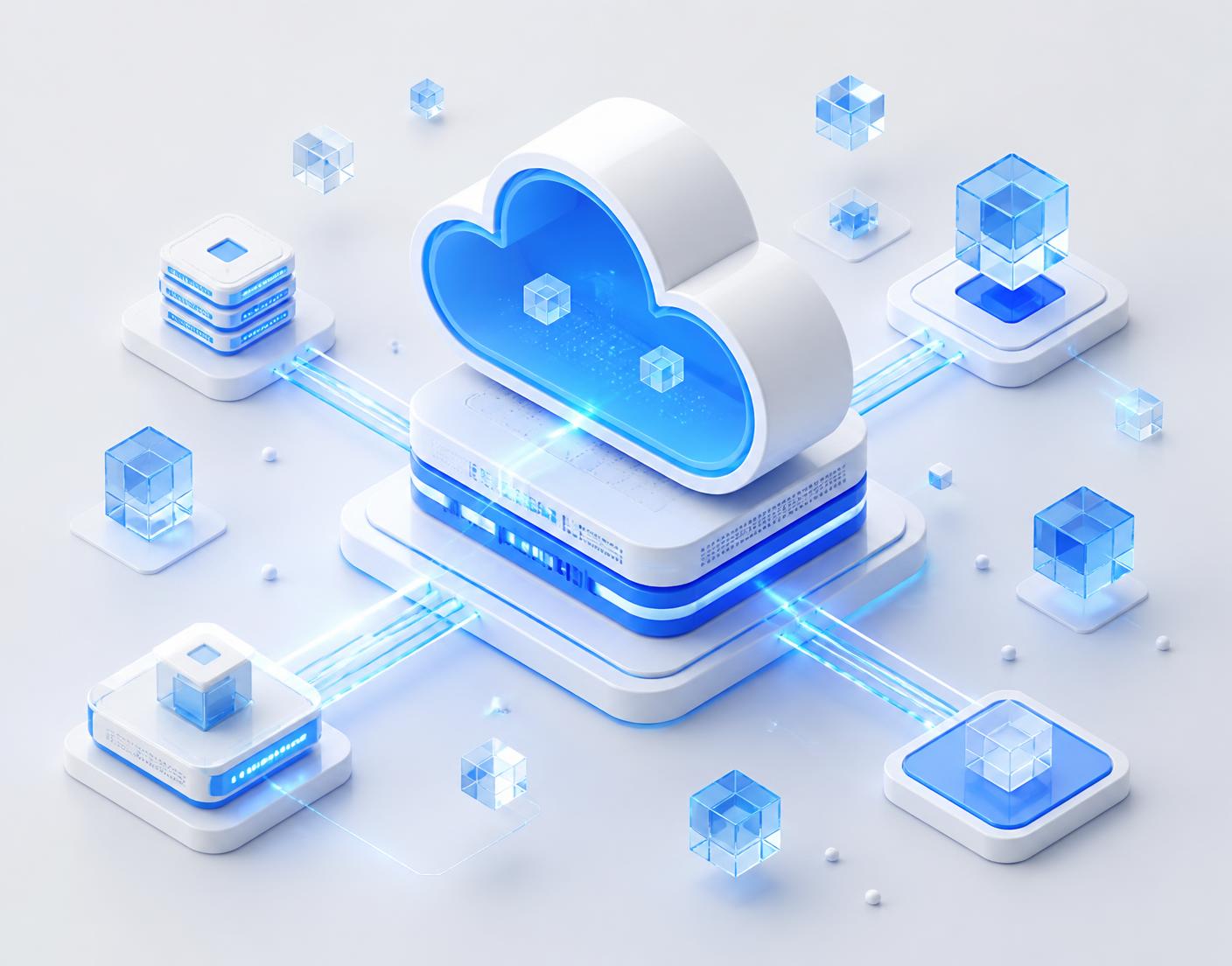 Isometric illustration of secure cloud infrastructure connecting business systems